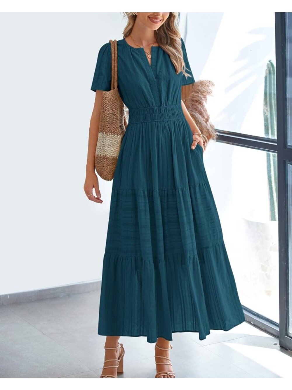 〽️Women's Lake Blue Lightweight Short Sleeve V Neck Elastic Waist Maxi Dresses